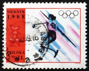 14335300 - poland - circa 1968: a stamp printed in the poland shows womenís javelin, summer olympic sports, mexico 68, circa 1968